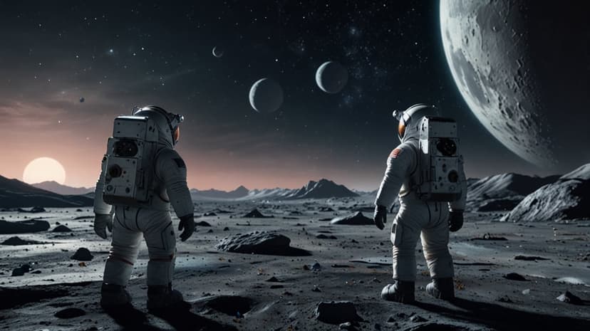 Two astronauts standing on a cratered alien planet surface under a massive, detailed moon and starry night sky.
