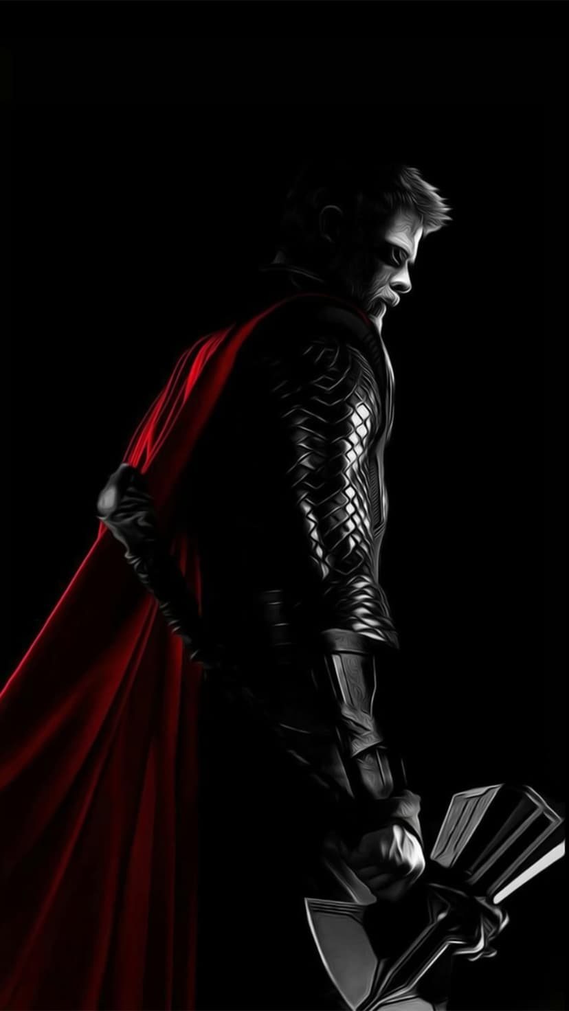 Thor in side profile holding a hammer while wearing a red cape against a black background with harsh lighting.