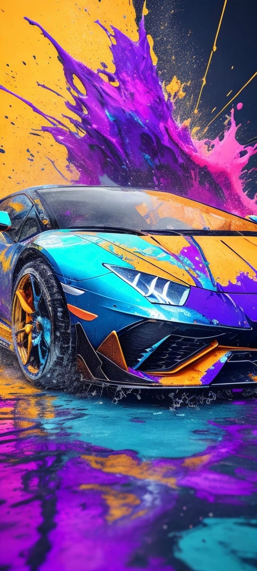 Blue sports car with sharp lines is covered in yellow, purple, and pink paint splatters on a wet dark surface.