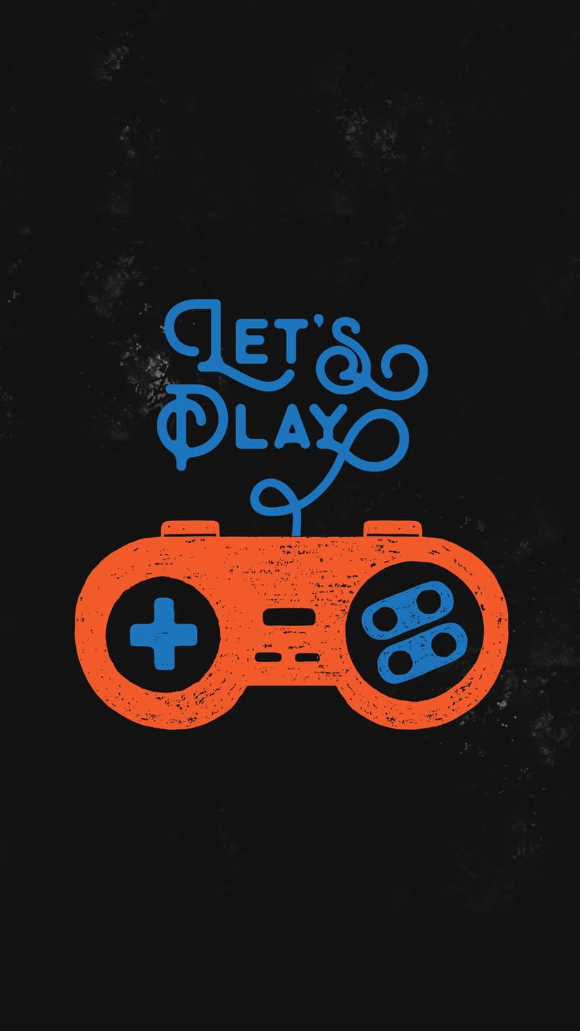 Orange classic game controller sits below blue script text on a dark textured surface for a mobile screen.