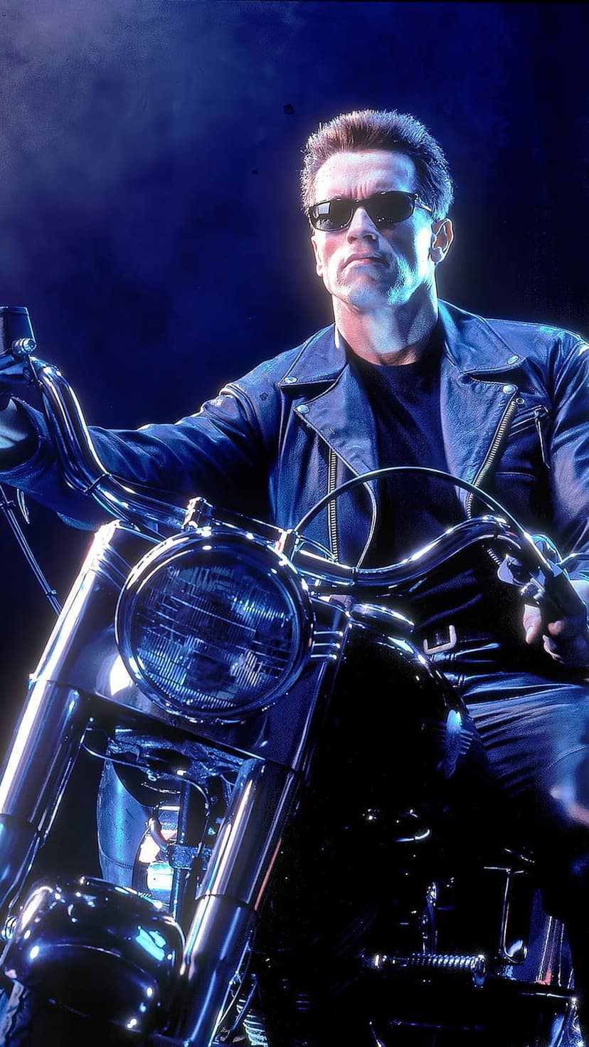 Arnold Schwarzenegger as the Terminator riding a motorcycle wearing a leather jacket and sunglasses in blue light.