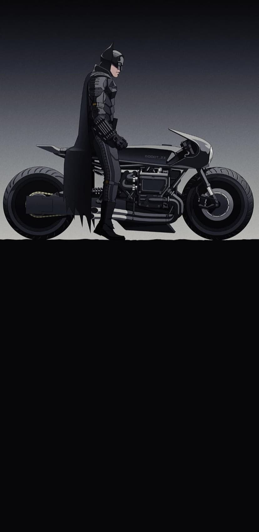 Batman wearing tactical armor stands beside a heavy-duty motorcycle in a dark, atmospheric city alleyway.