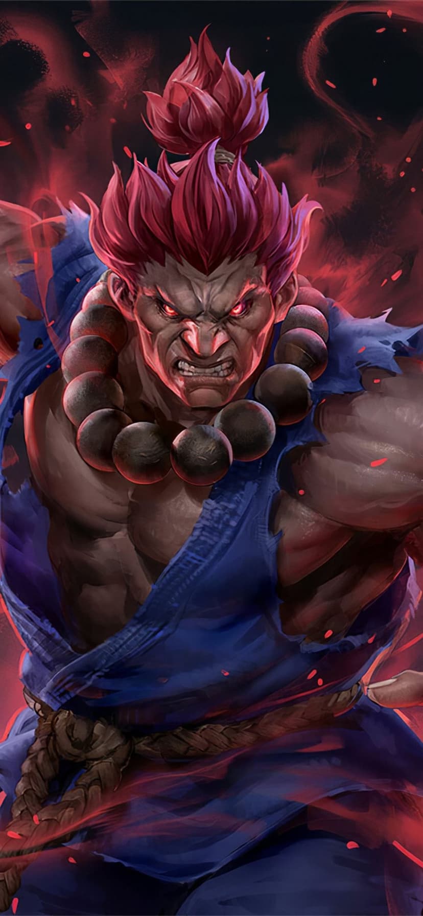 Muscular martial artist with spiky red hair and glowing eyes wearing a large bead necklace and blue gi.