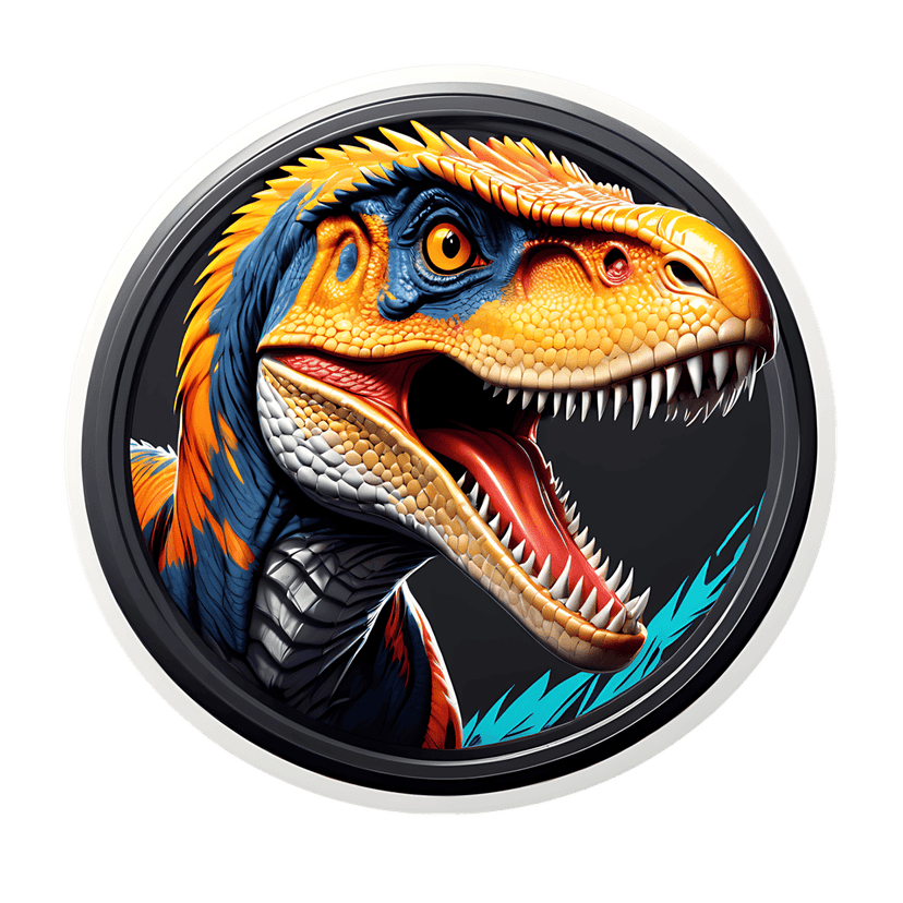 Velociraptor digital clipart featuring a profile view of a blue and orange dinosaur with sharp teeth and yellow eye.