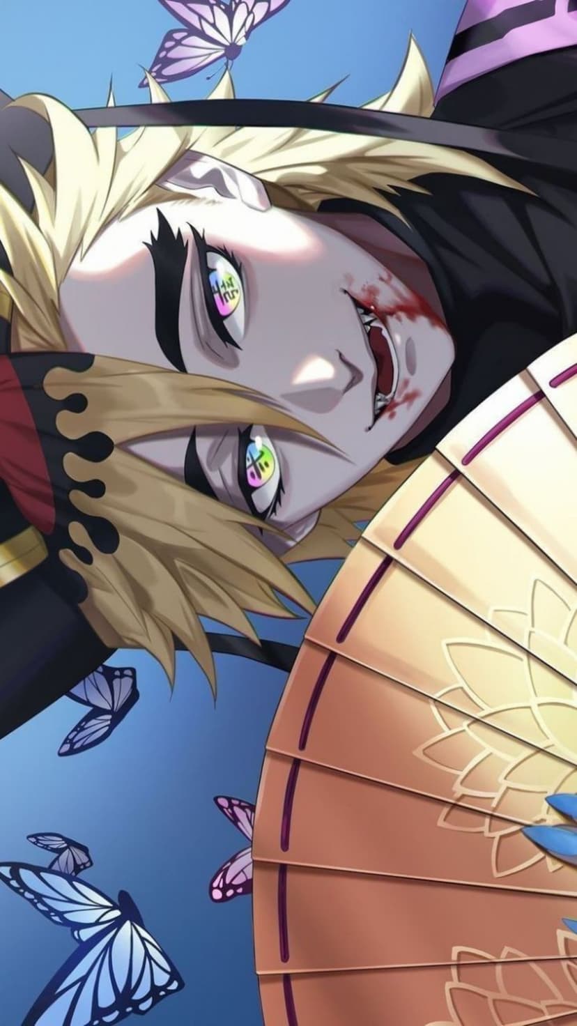 Fanged character with iridescent eyes holds a golden fan amidst floating butterflies and red blood spatters.