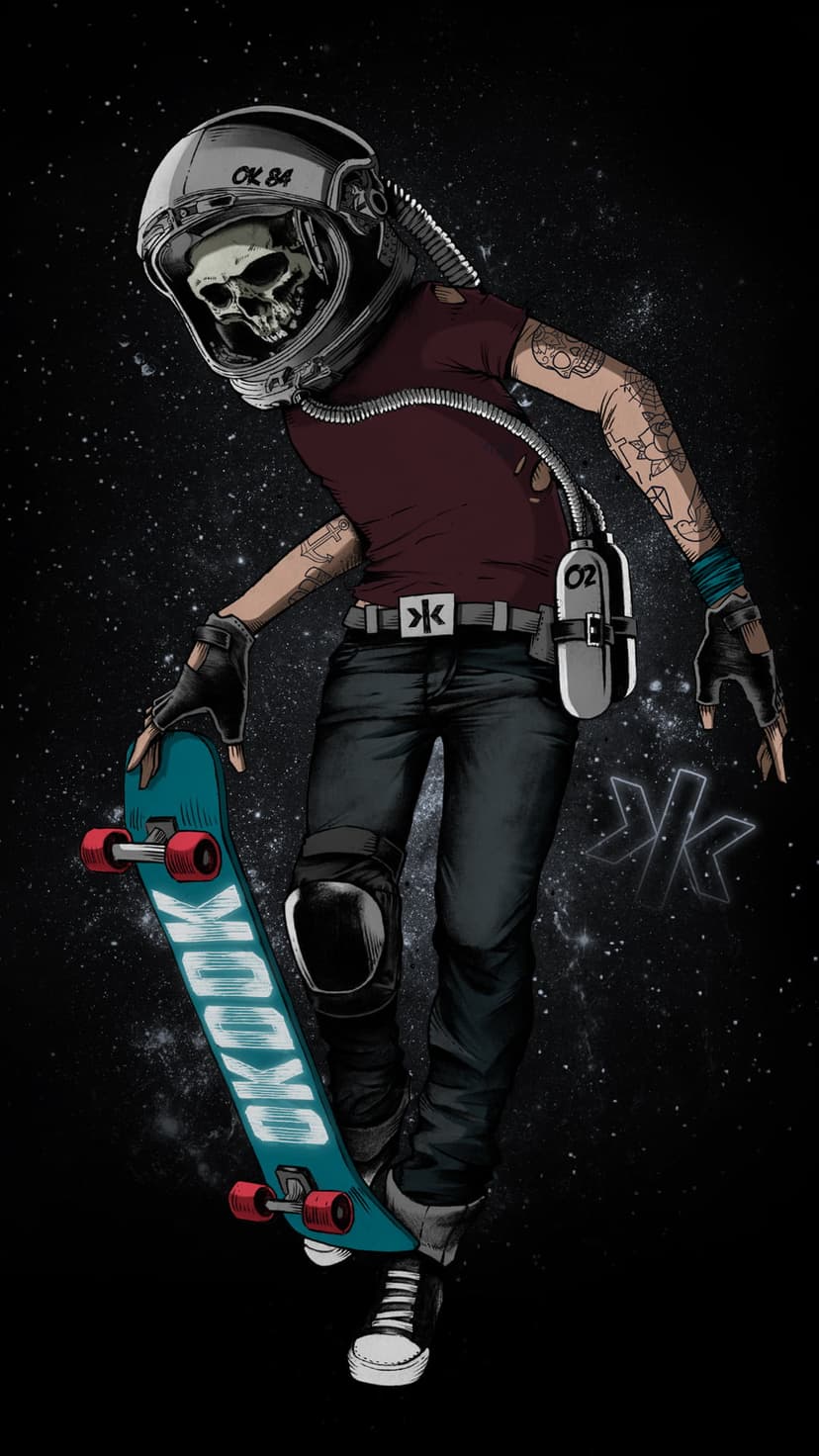 Skeleton skater wearing a space helmet and red shirt holds a turquoise skateboard against a starry background.