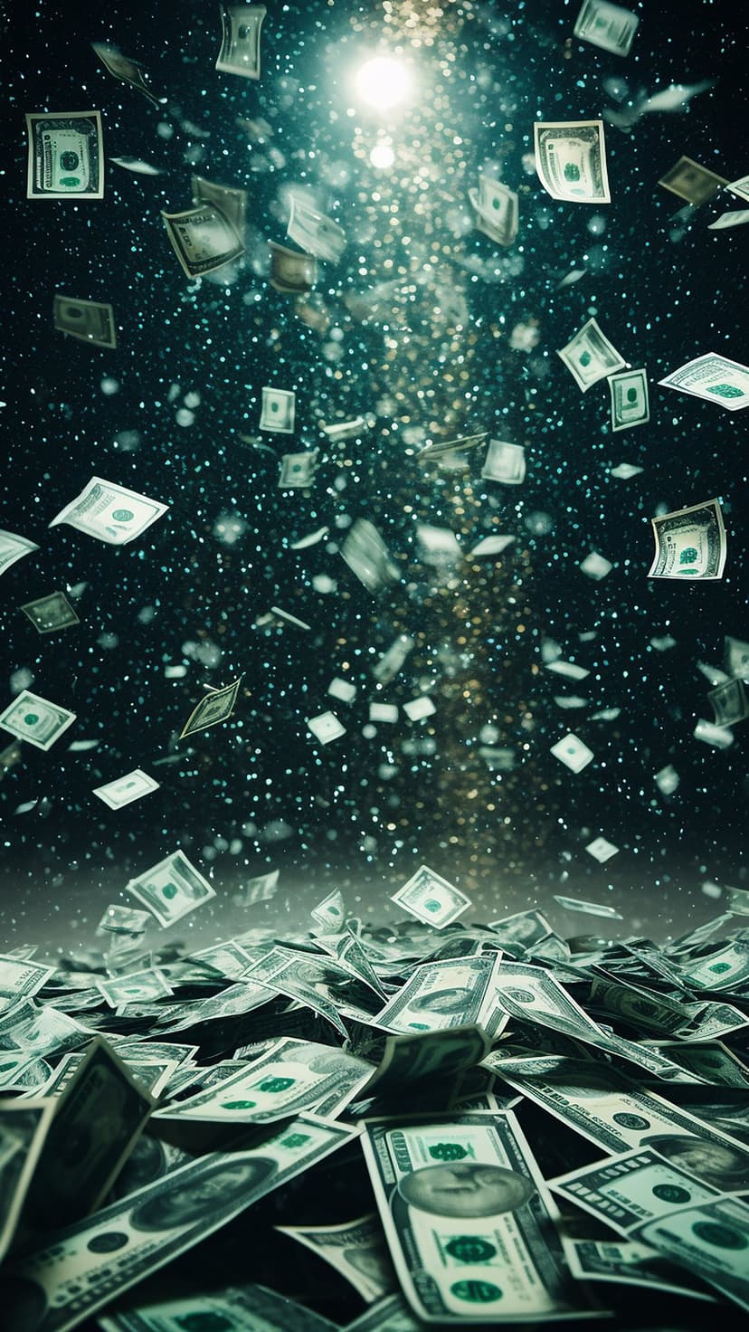 US dollar bills flutter downward from a bright celestial light source against a dark starry background.