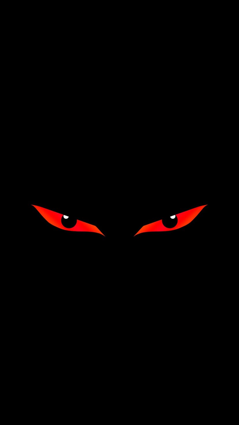 Two angular red glowing eyes with white pupils stare forward against a solid black backdrop in high contrast.