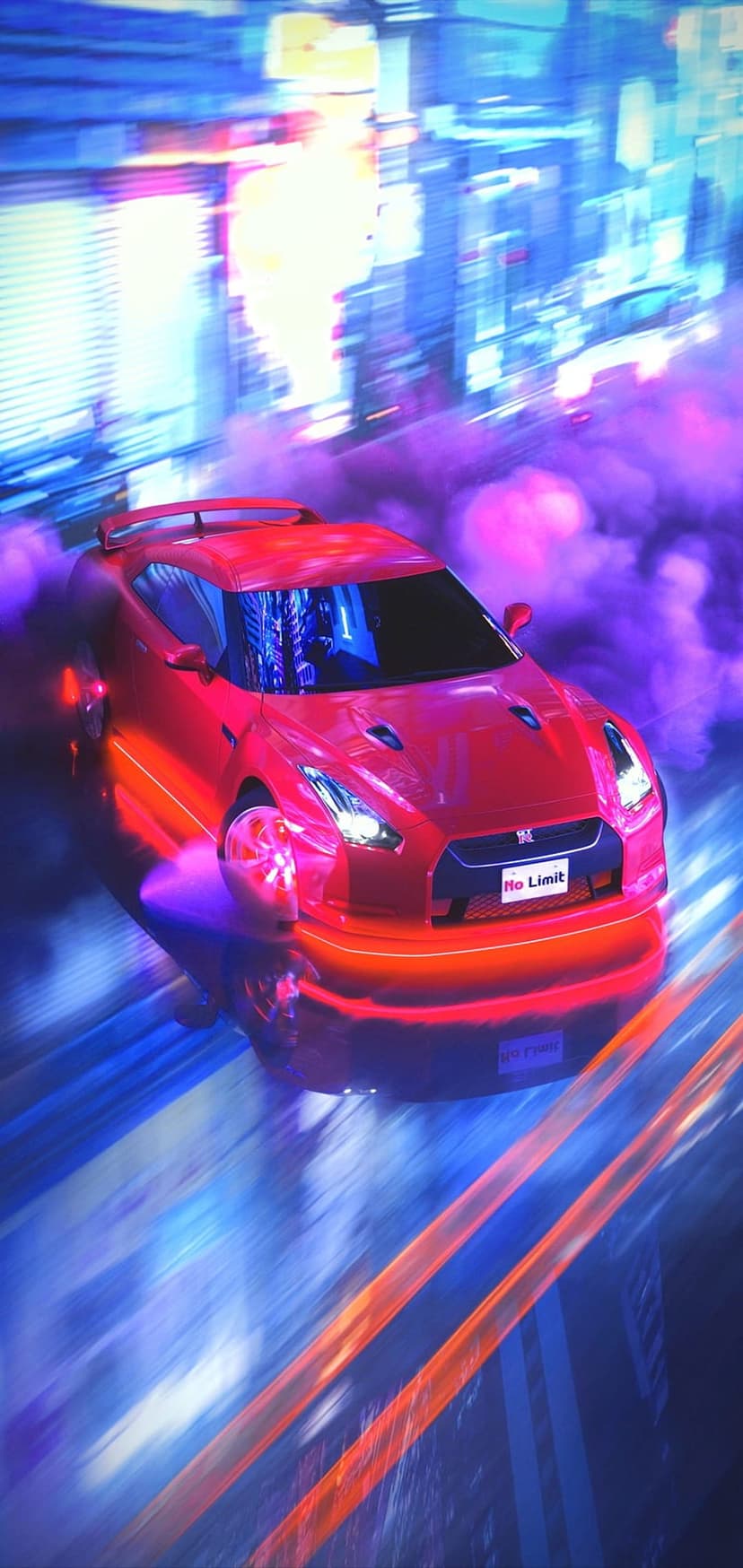 Red Nissan GT-R racing down a futuristic city street surrounded by glowing purple lights and thick white smoke.