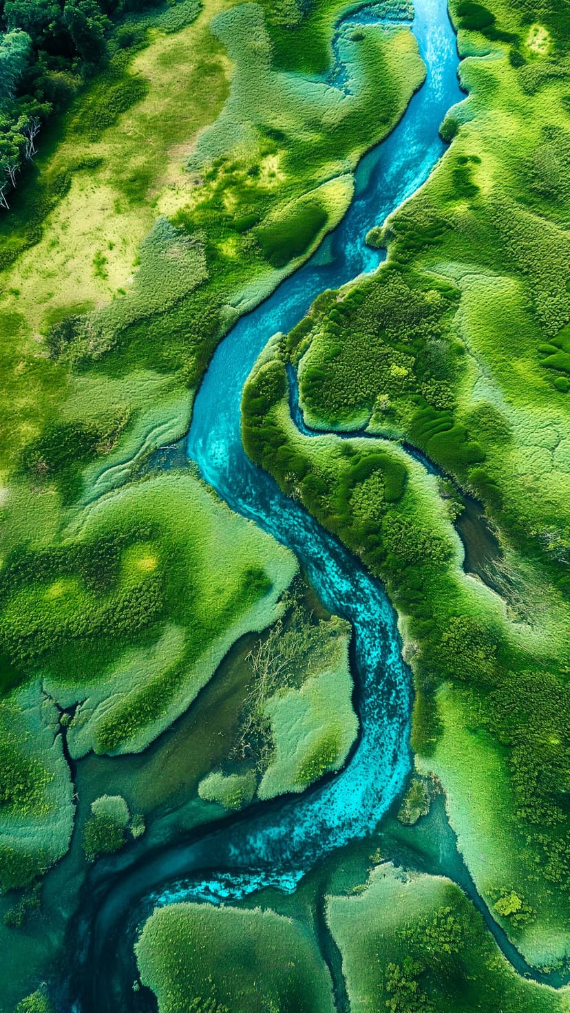 Turquoise river winding through emerald green wetlands seen from an aerial top-down perspective in high detail.