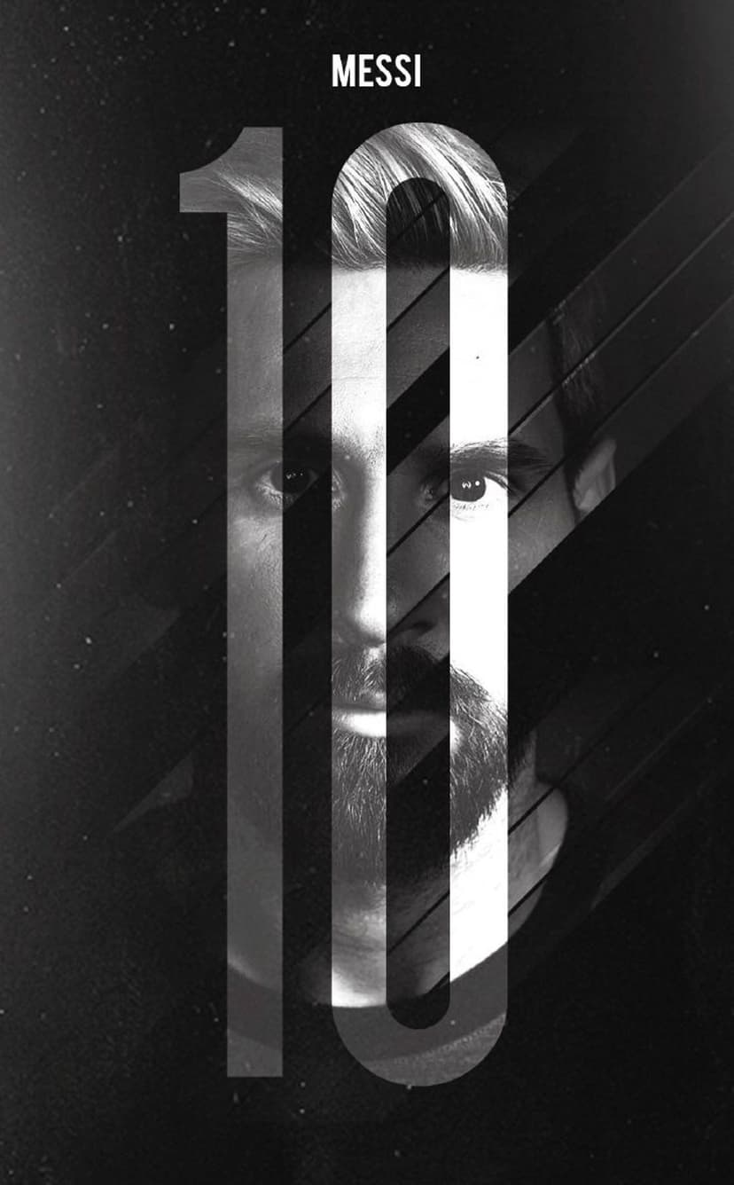 Lionel Messi's face blended into a large number ten with sharp diagonal lines and high-contrast grayscale tones.