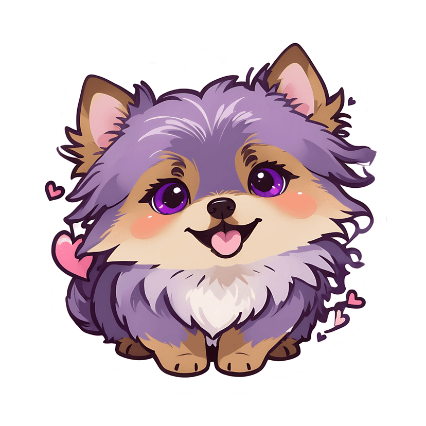 Purple puppy sticker featuring fluffy lavender fur, violet eyes, and tan markings with a white die-cut outline.