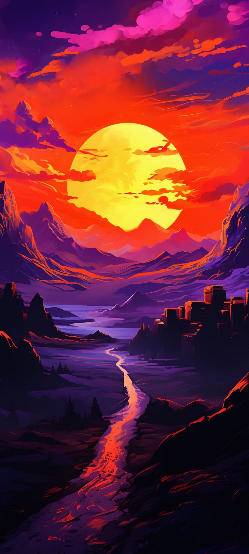 Massive orange sun glowing above purple mountains and a luminous river leading to distant alien structures.