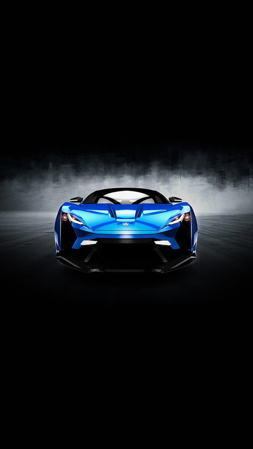Blue Lykan Hypercar front view with glowing LED headlights and smoke on a dark atmospheric vertical background.