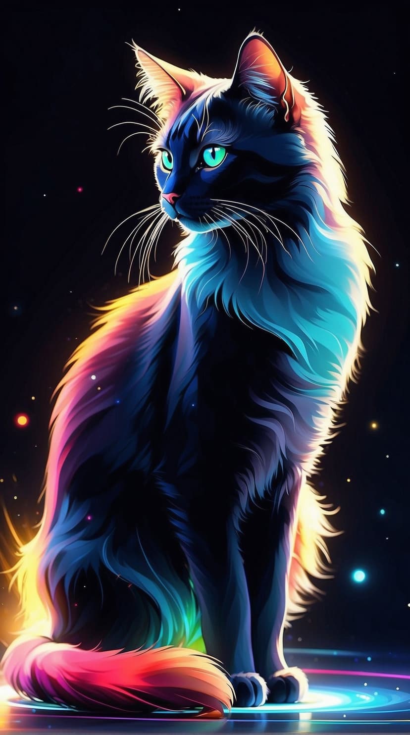 Black cat with rainbow-colored glowing fur and radiant green eyes sits against a starry dark cosmos backdrop.