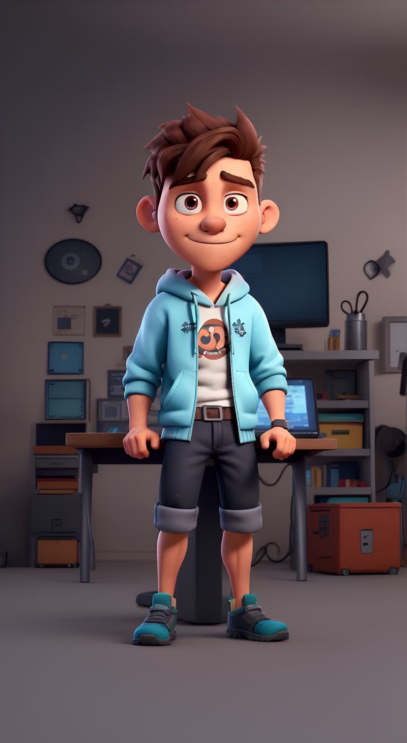 3D boy in a light blue hoodie and sneakers stands in a room with a laptop, desk, and bookshelf in the background.