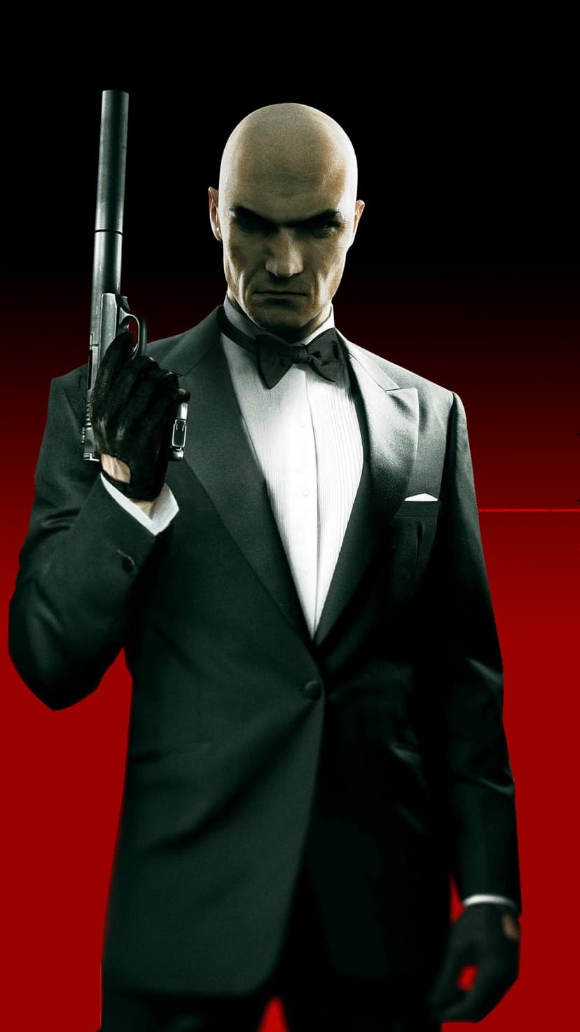 Agent 47 in a tuxedo holding a suppressed handgun against a high-contrast black and red background.