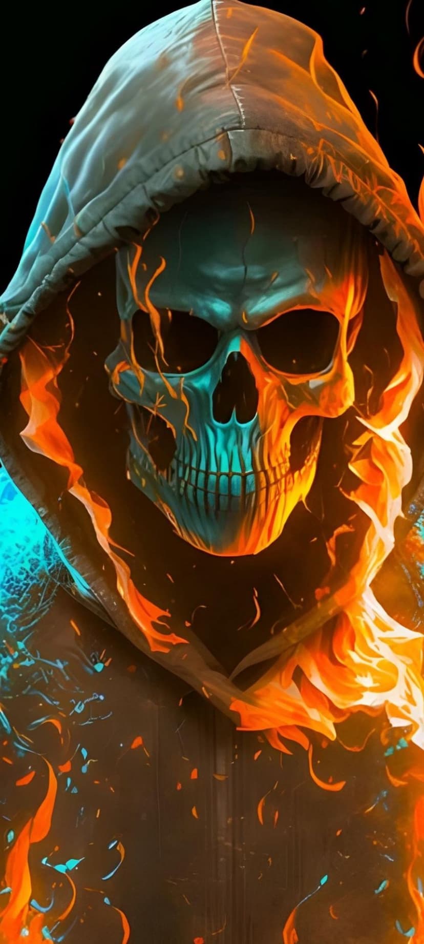 Hooded skull engulfed in bright cyan and orange fire with glowing sparks against a dark background.
