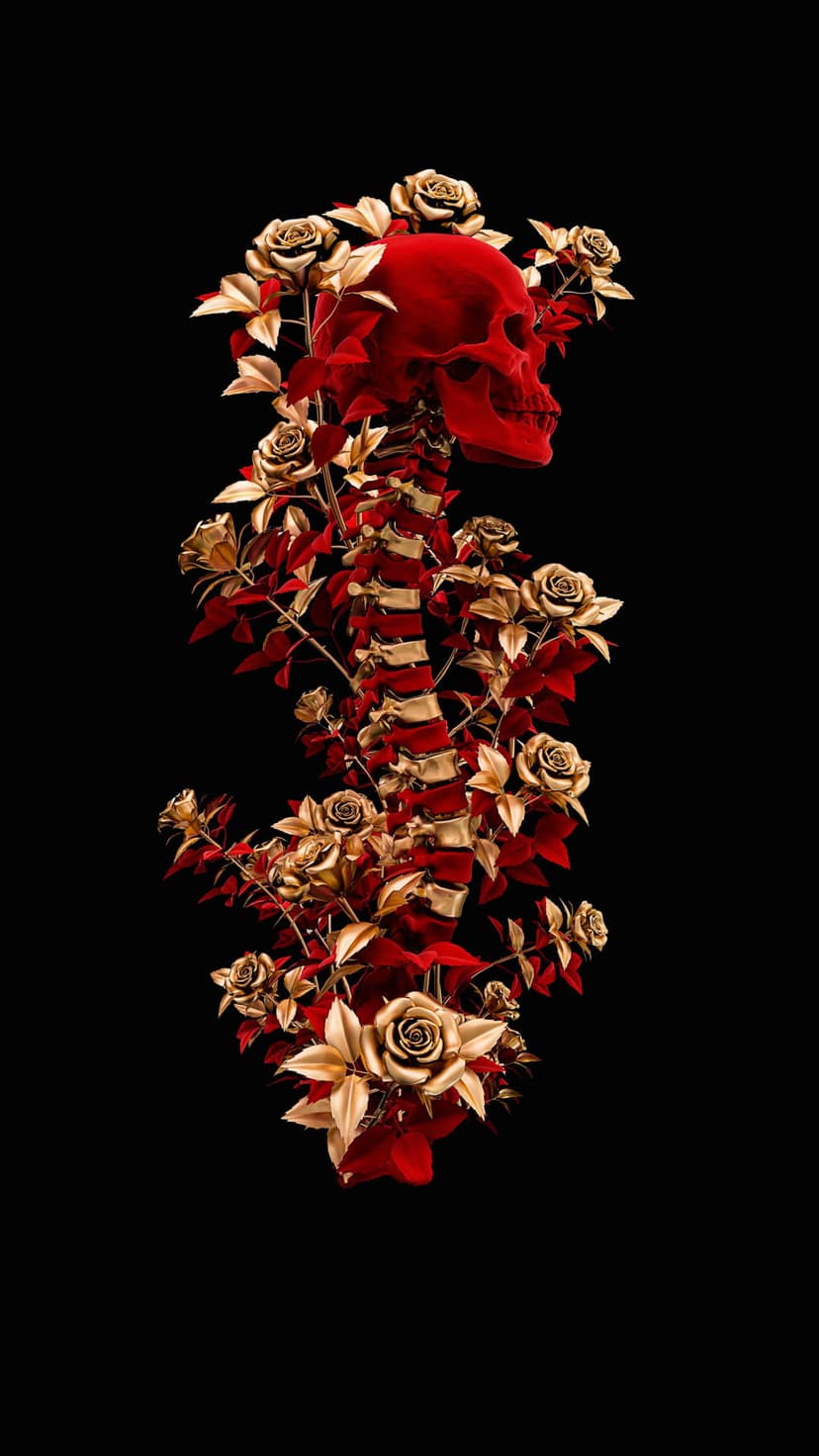Red skull entwined with metallic gold roses and crimson leaves set against a pitch black vertical background.