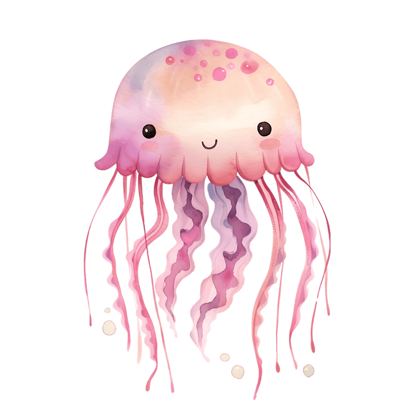 Pink jellyfish watercolor illustration featuring an orange spotted bell and flowing purple wavy tentacles.