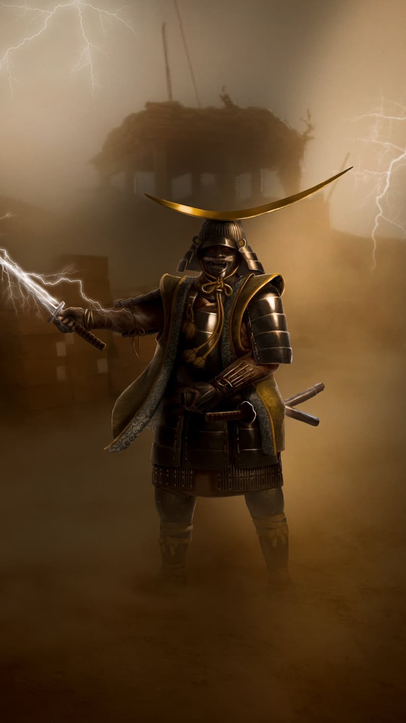 Samurai warrior in ornate armor holding a glowing sword as blue lightning strikes behind him in misty ruins.