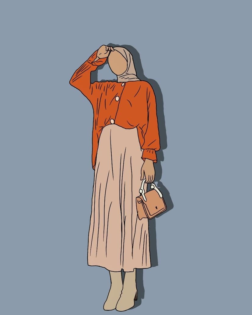 Muslim woman wearing a long-sleeved orange shirt, beige pleated skirt, and matching hijab with a tan handbag.