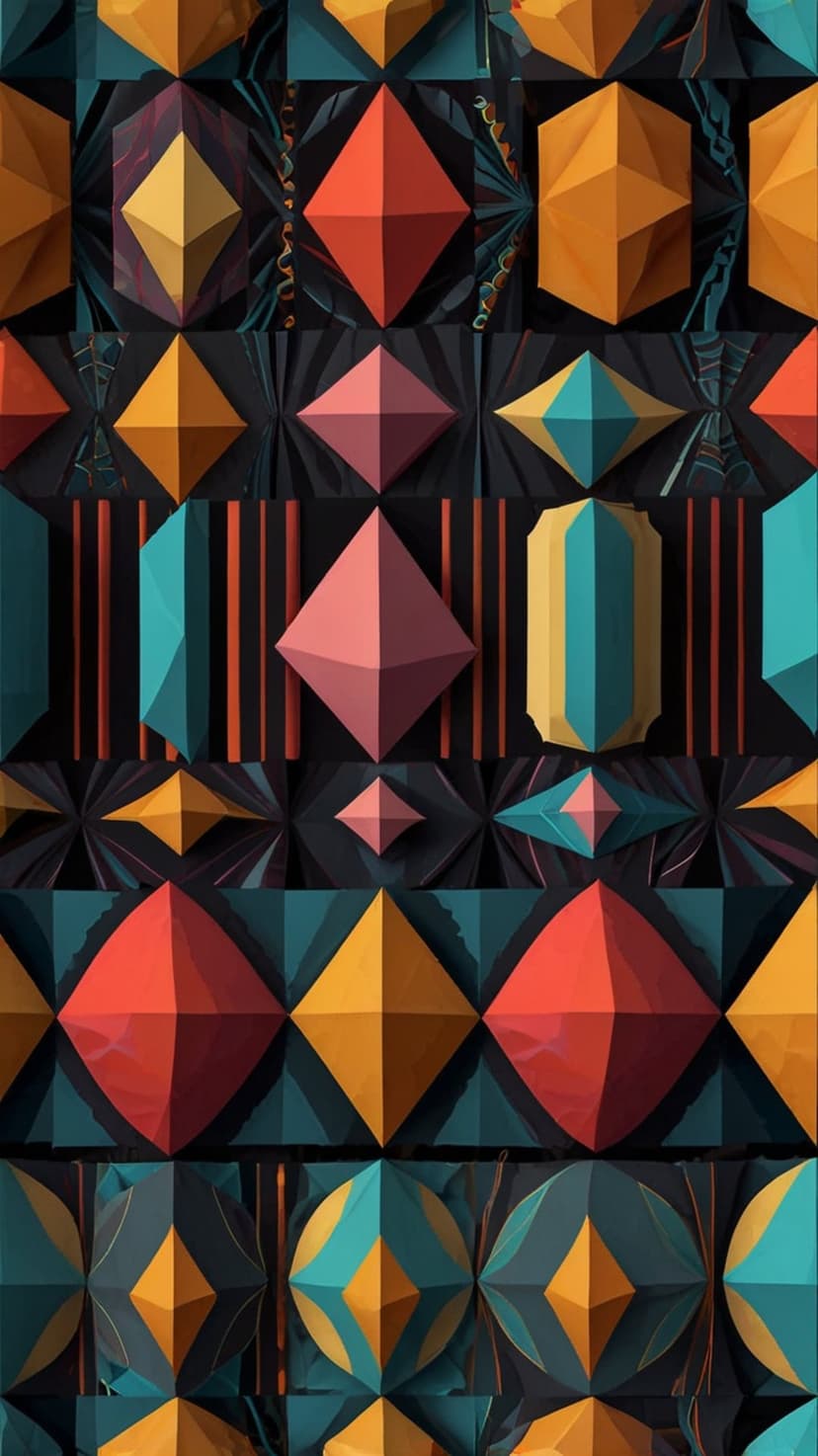 Interlocking 3D geometric prisms in teal, orange, and pink colors create a faceted mosaic with depth and shadow.