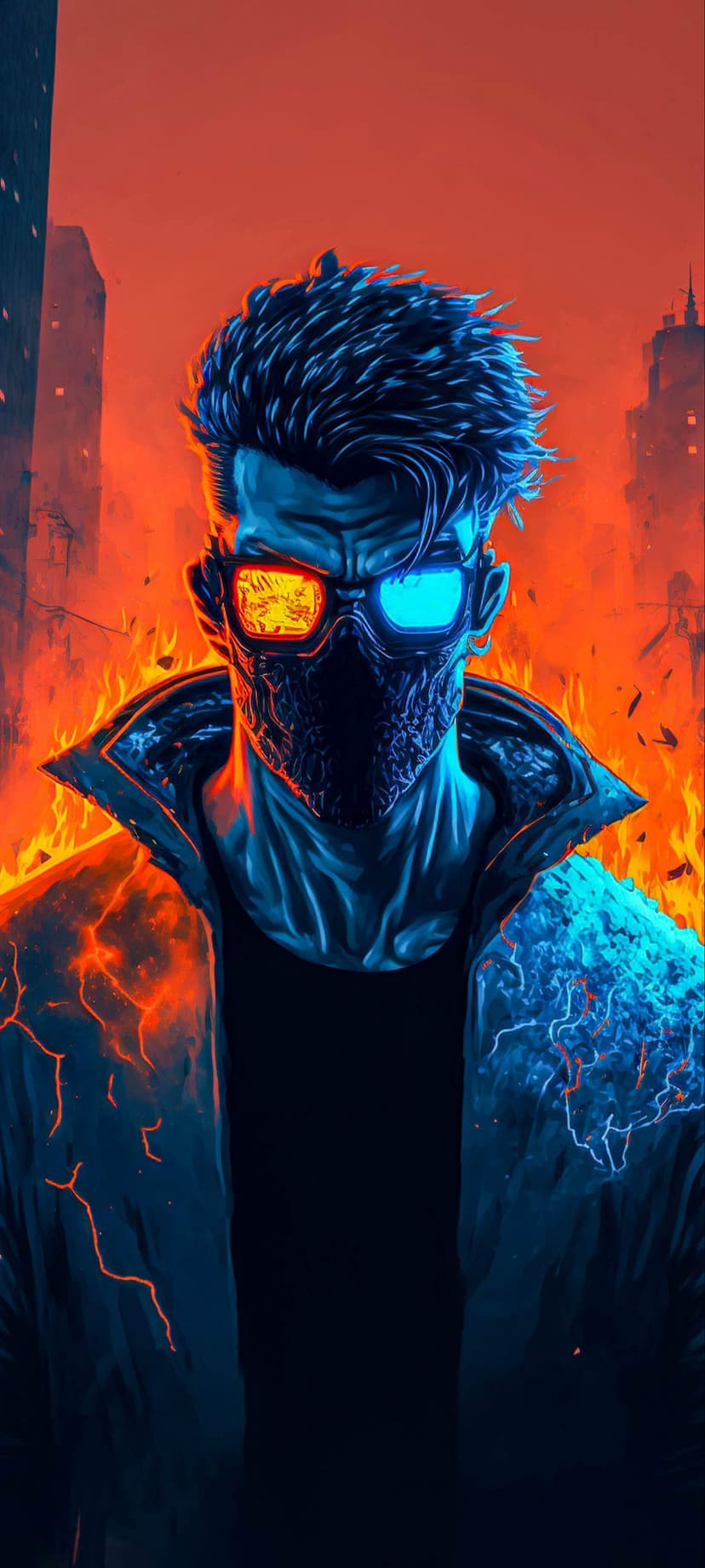 Cyberpunk male wearing glowing goggles and a tactical mask against a backdrop of a burning futuristic city.