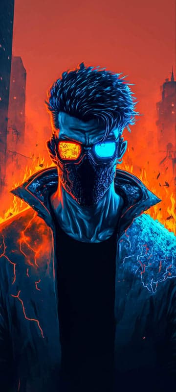 Cyberpunk character in fiery city, futuristic sci-fi art