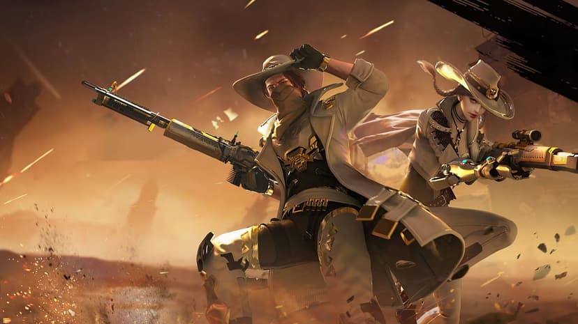 Two futuristic cowboys in white and gold armor hold high-tech rifles in a dusty, sunlit desert battlefield.