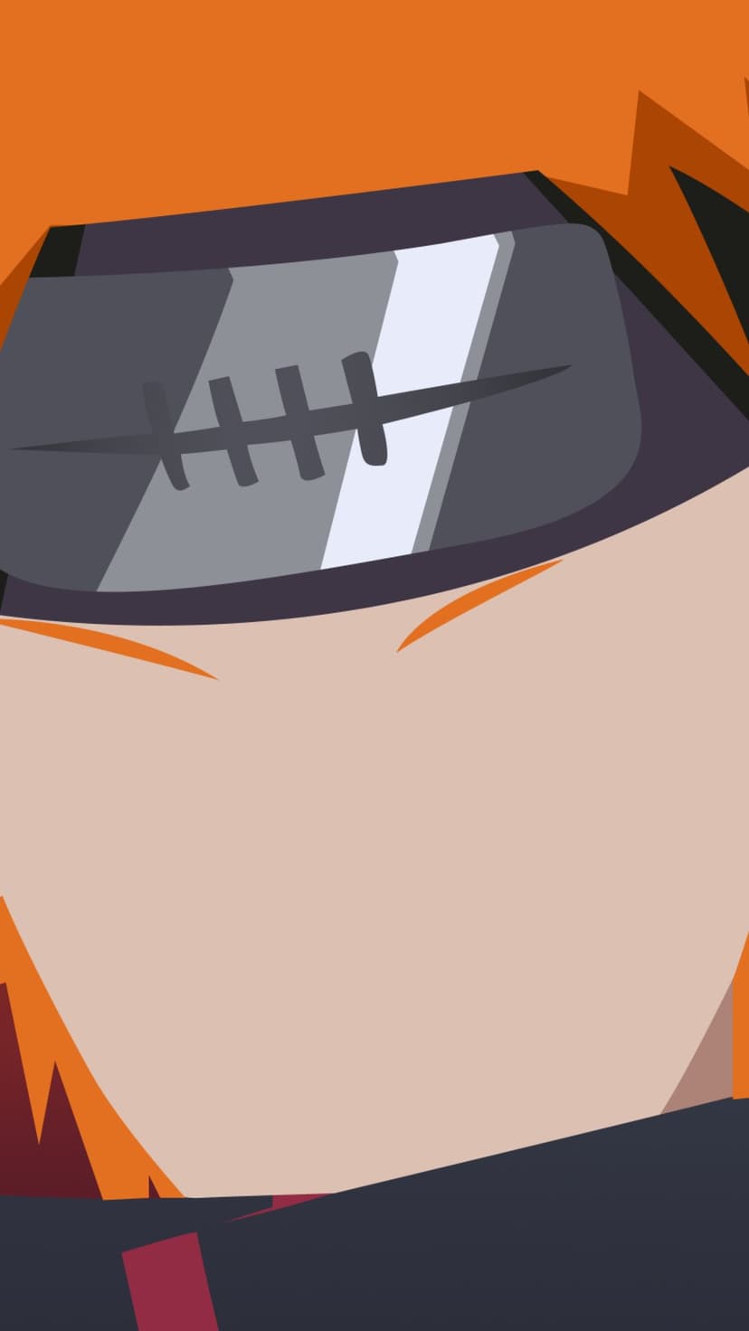 Pain exhibits purple Rinnegan eyes and metal facial piercings beneath orange hair on a black background.