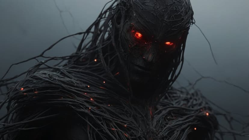 Shadowy humanoid with tangled tendrils and glowing red eyes stands against a muted gray atmospheric background.