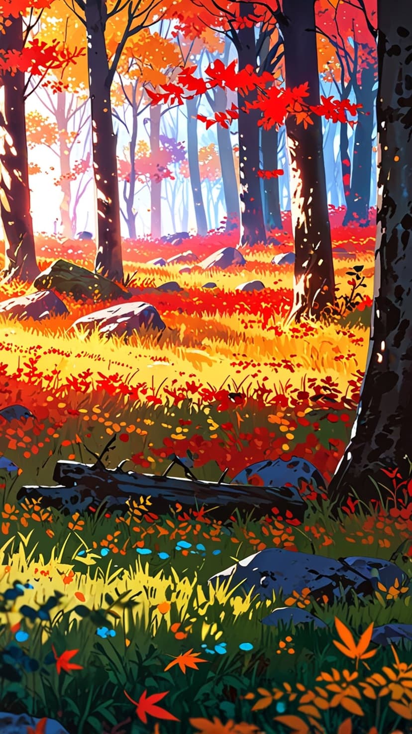 Crimson maple leaves carpet a sunlit woodland floor between towering trunks in a hazy autumn scene.