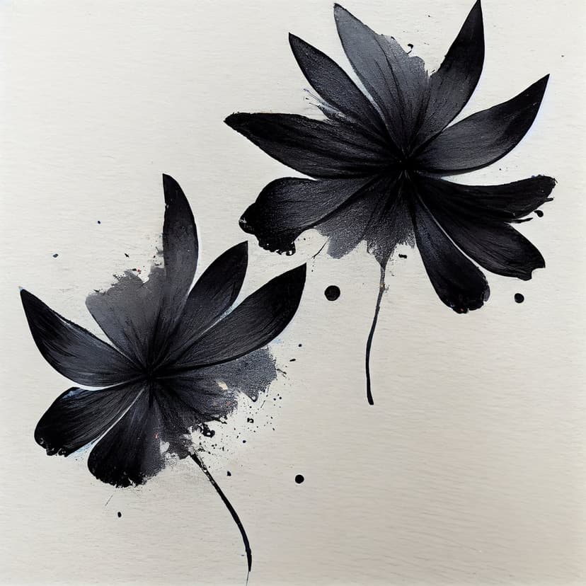 Two black abstract flowers with ink splatter petals sit against a white textured surface in a vertical frame.