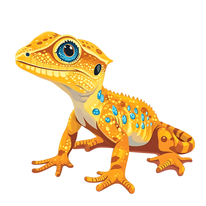 Yellow gecko illustration with blue spots and textured skin posed against a solid dark black background.
