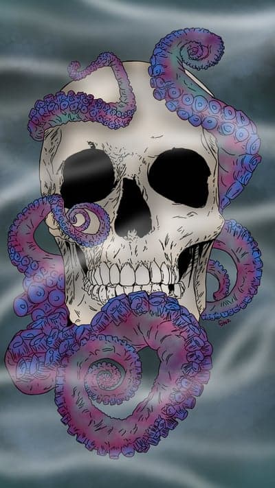 Gothic Skull and Neon Octopus Tentacles Mobile Wallpaper