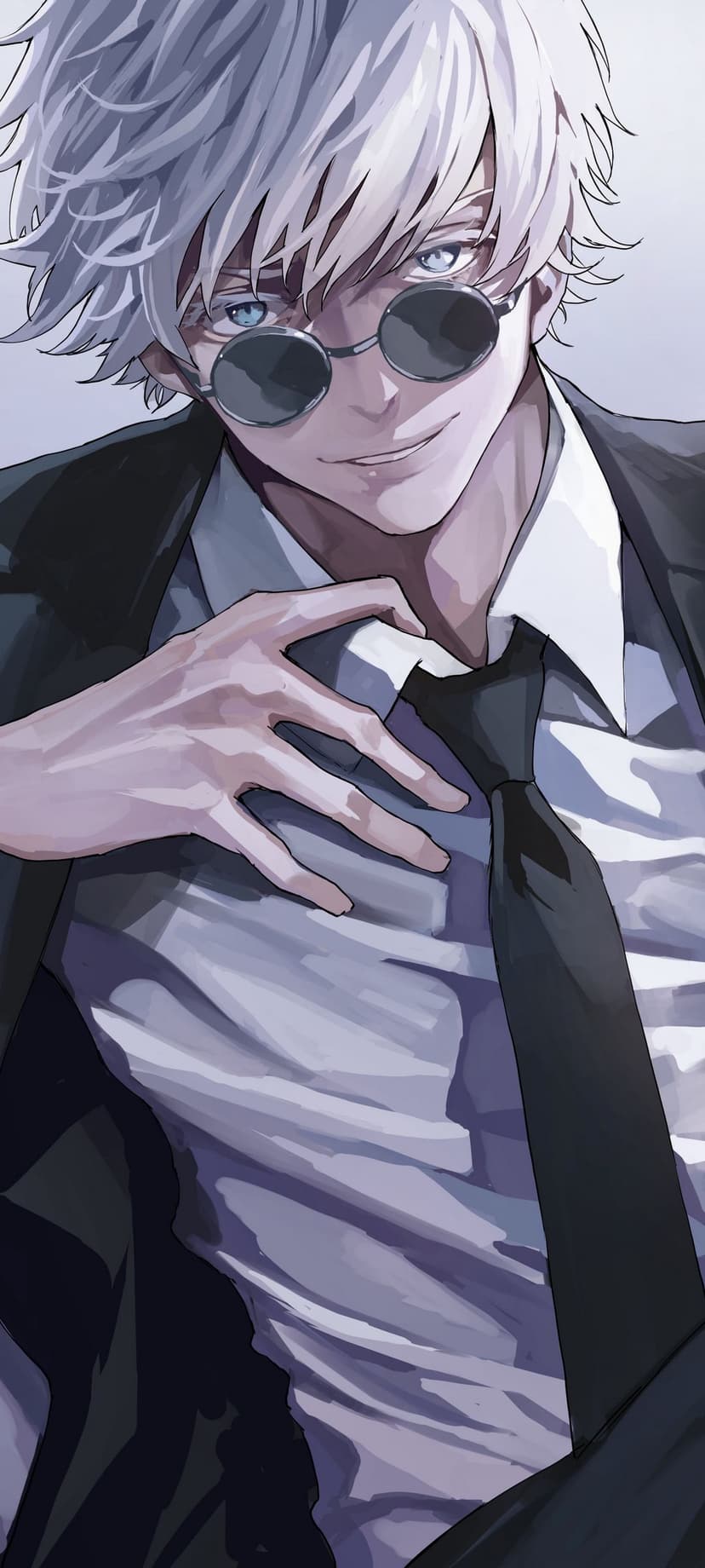 White-haired anime man in a black suit and round sunglasses with blue eyes gazing through the lenses.
