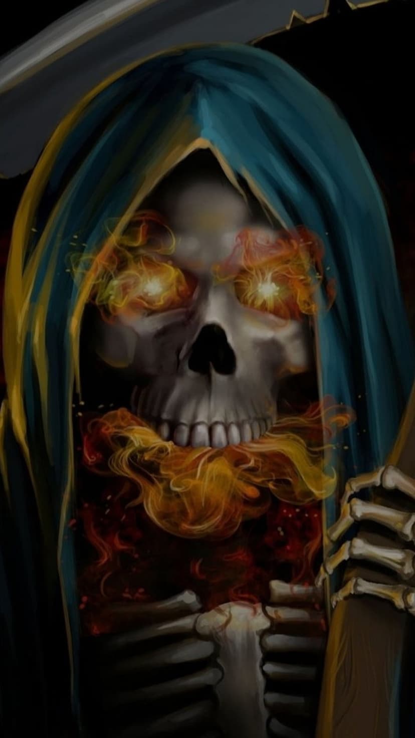Skeletal grim reaper with a blue hood and orange fire glowing inside its eyes and exposed ribcage holding a scythe.