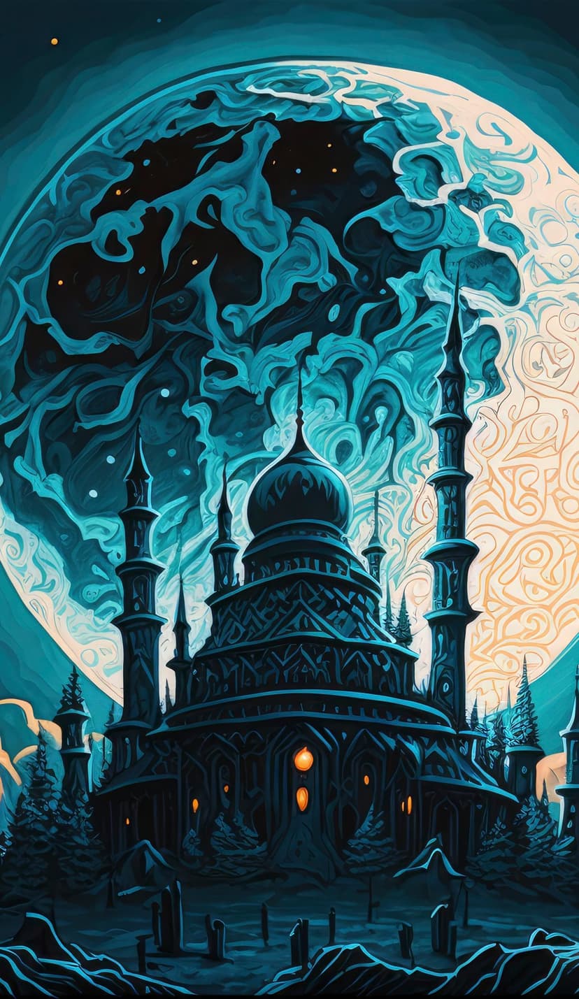 Ornate mosque with glowing windows nestled in pine trees under a colossal swirling moon in a dark blue night sky.