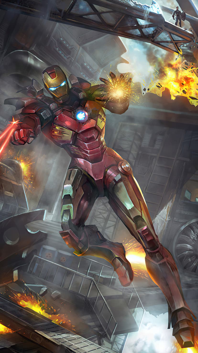 Iron Man hovers mid-air firing repulsors amid massive fireballs and metallic scaffolding in a battle scene.
