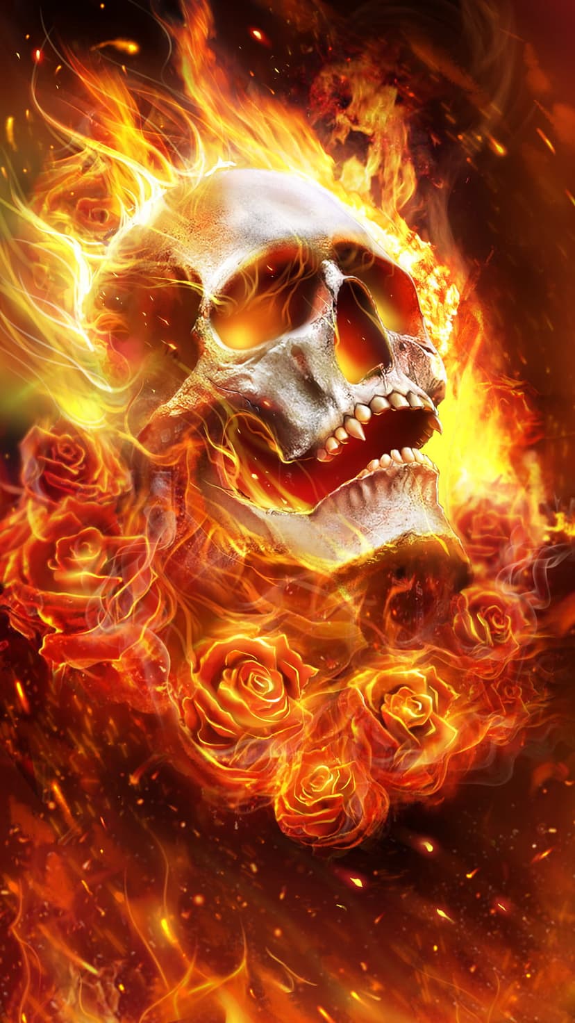 Skull engulfed in bright orange flames surrounded by burning rose petals against a dark, shadowy background.