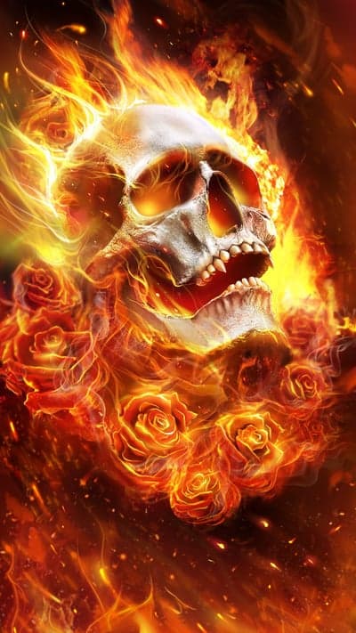 Flaming Skull and Burning Roses Dark Fantasy Phone Wallpaper