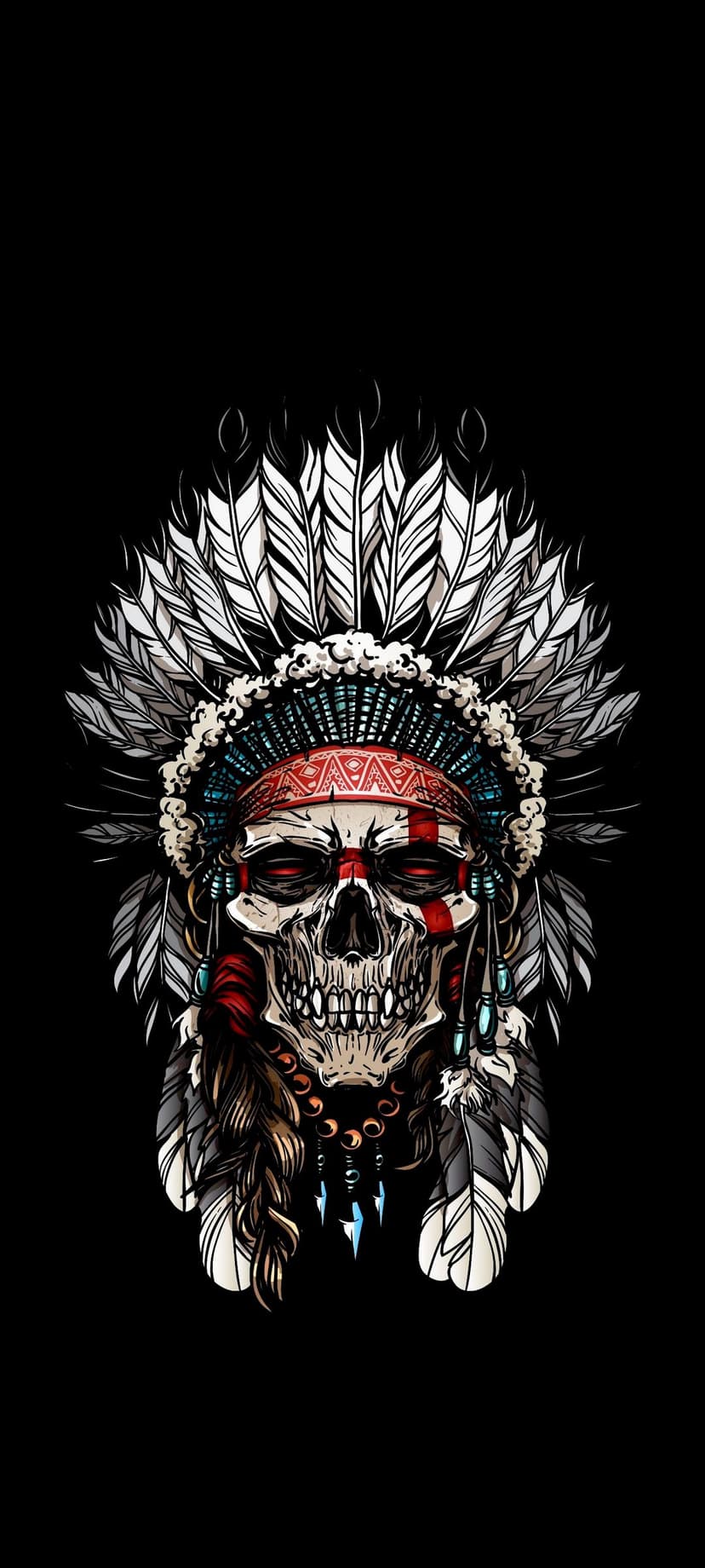 Tribal skull wearing a feathered war bonnet with red and blue markings against a dark, shadowed background.