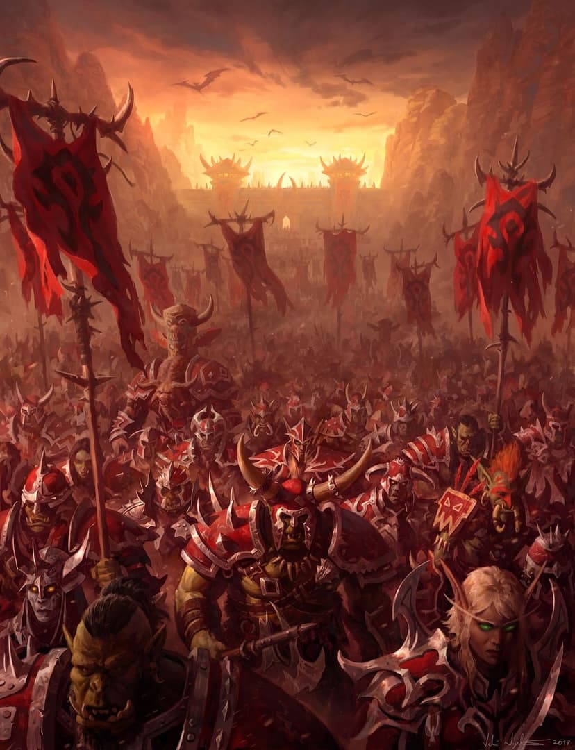 Armored orcs and fantasy warriors march forward with red banners through a canyon under a fiery sunset sky.