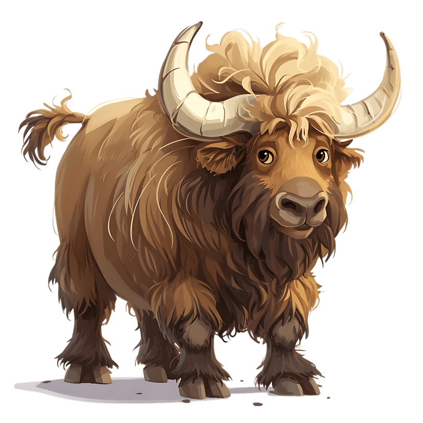 Cartoon buffalo character with large curved horns and thick shaggy brown fur mane on a transparent background.