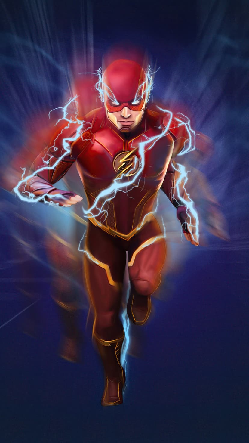 The Flash runs at super speed wearing a red suit while surrounded by bright blue lightning bolts and motion blur.