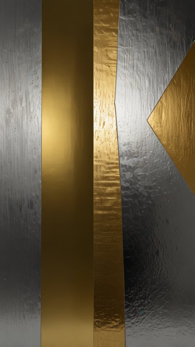 Vertical gold and silver panels featuring brushed and hammered textures with sharp geometric lines and shadows.