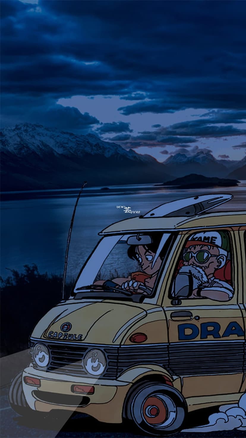 Yellow Capsule Corp van travels on a road by a blue lake with dark mountains under a cloudy dusk sky at sunset.