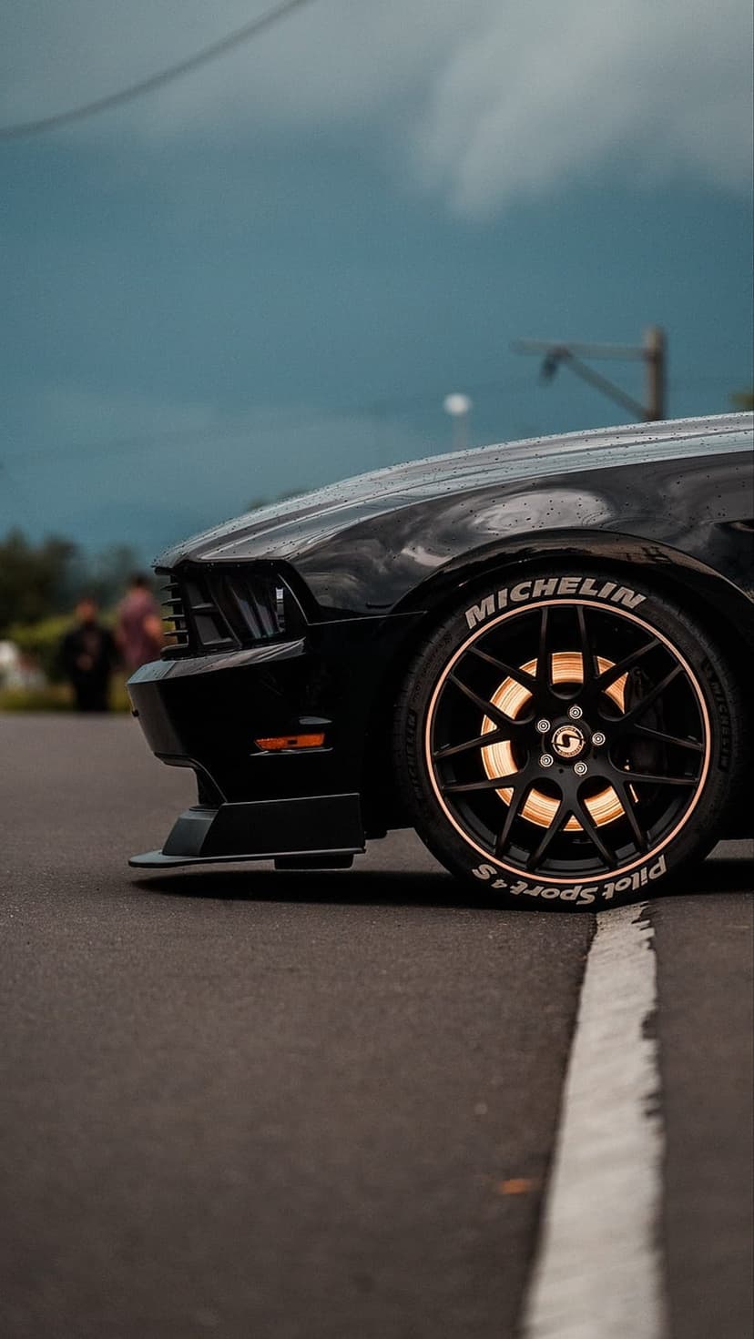 Black Ford Mustang wheel and front fender with Michelin Pilot Sport 4S white tire lettering under a moody sky.