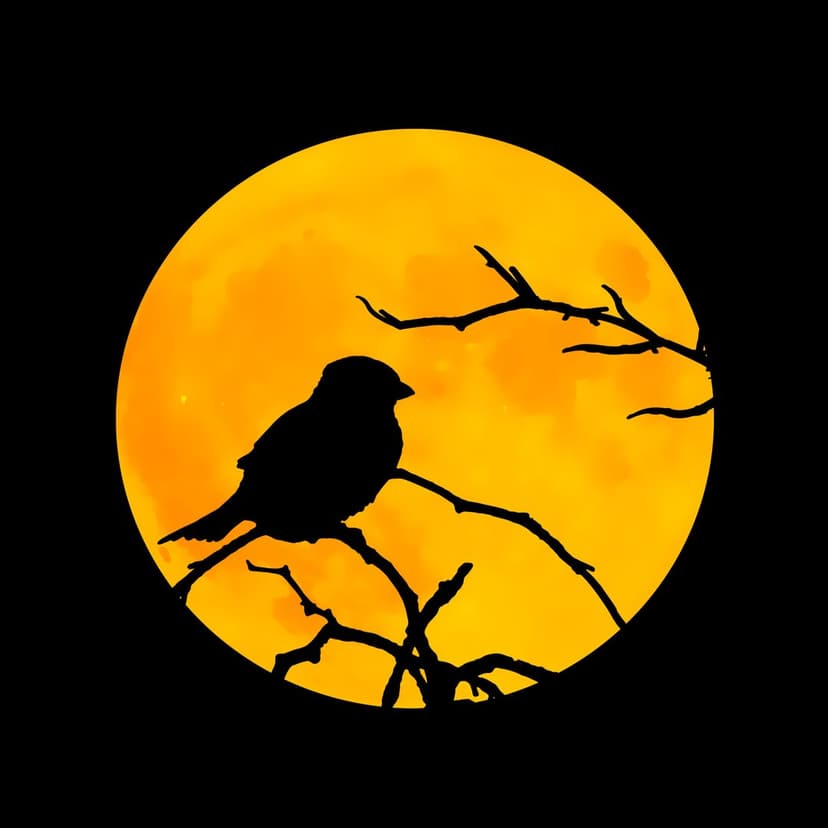 Small bird silhouette perched on a bare tree branch in front of a massive, glowing orange full moon at night.